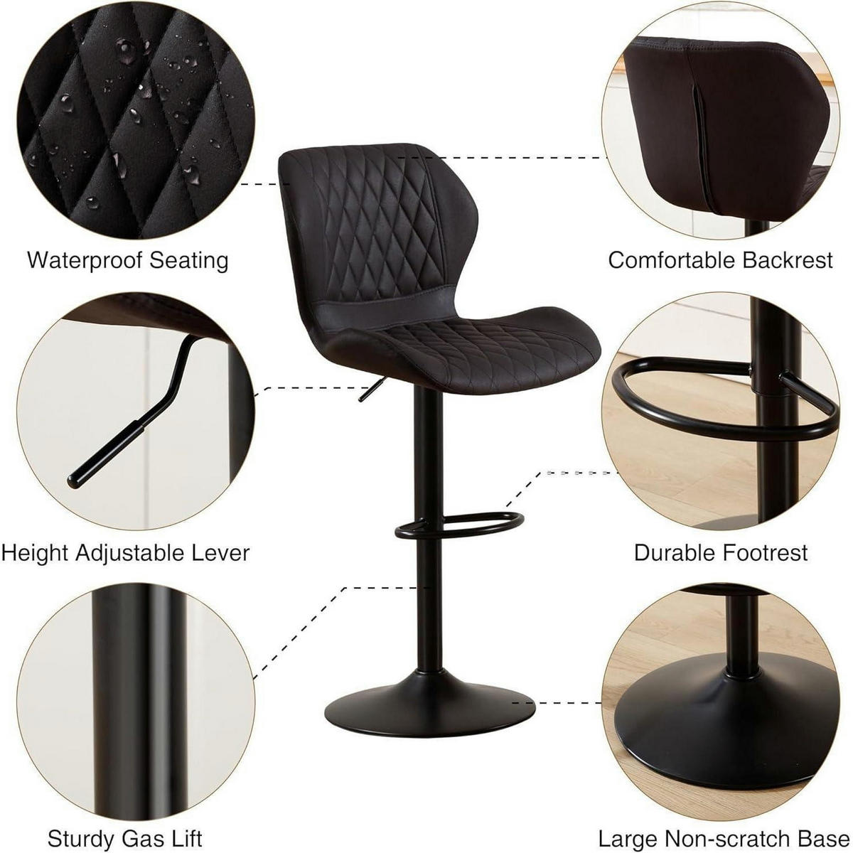 BARHOCKER 6-teiliges Set PU-Kunstleder Schwarz Höhenverstellbar - Schwarz, Kunststoff (46.5/111/38cm)