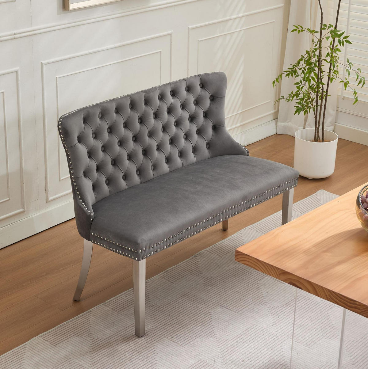 ESSZIMMERBANK 2-Sitzer Samt Grau mit Edelstahlbeinen - Grau, Metall (116/89.5/58cm) - Meubliv