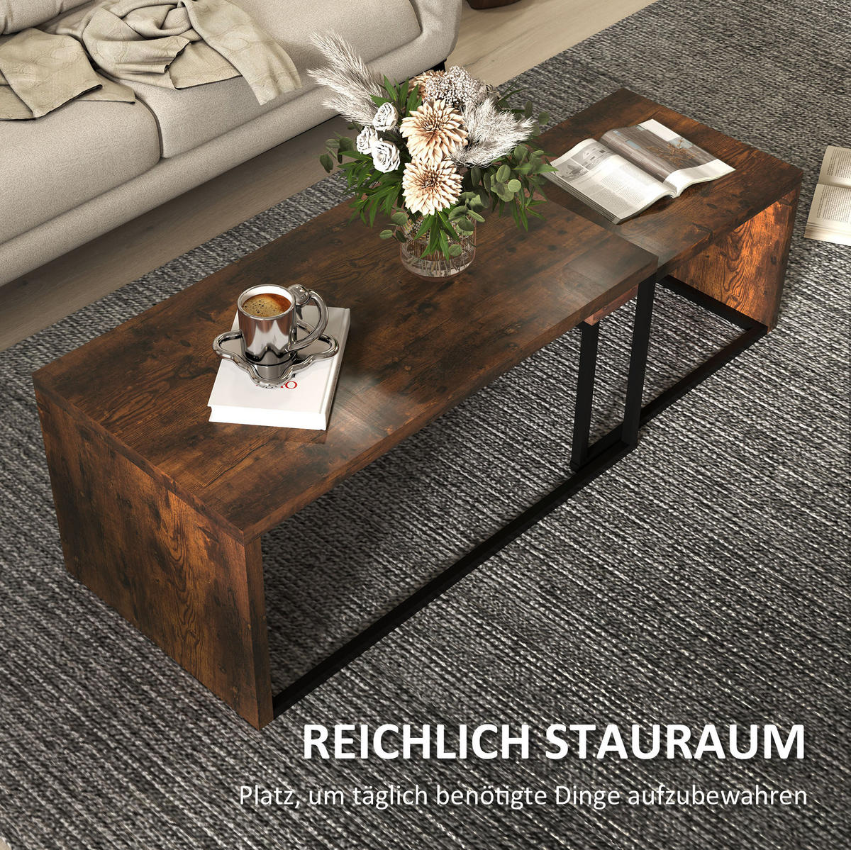COUCHTISCH-SET 90/48/42 cm, 2 Satztische mit platzsparender Nestfunktion und Metallgestell, Rustikalbraun - Braun, Holzwerkstoff (90/48/42cm) - Redom