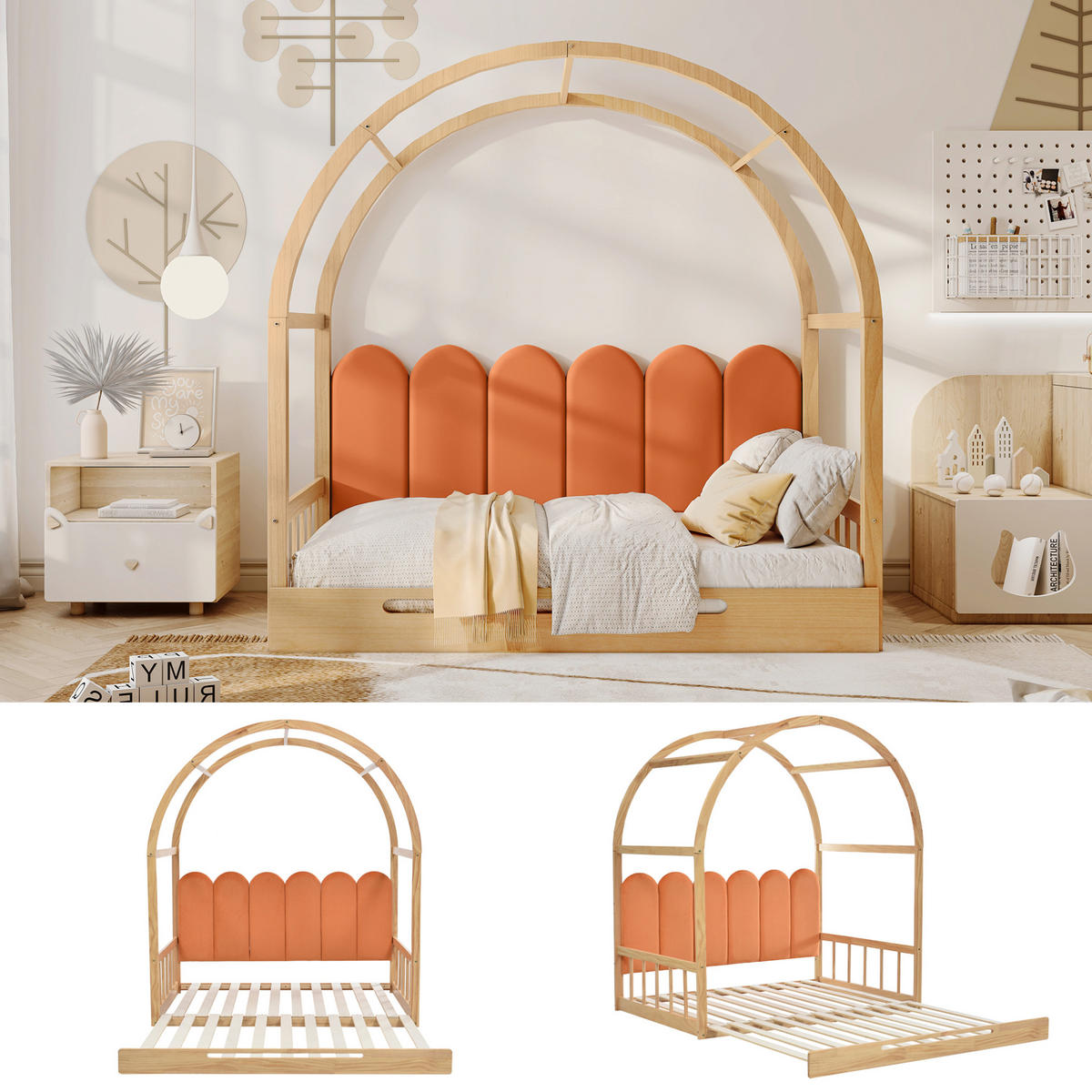 KINDERBETT aus Kiefer und MDF 140x200 cm Natur/Orange ausziehbar mit Dachrahmen, Kissen und 3-seitigem Schutz - Naturfarben, Holzwerkstoff (140/200cm) - Modfu