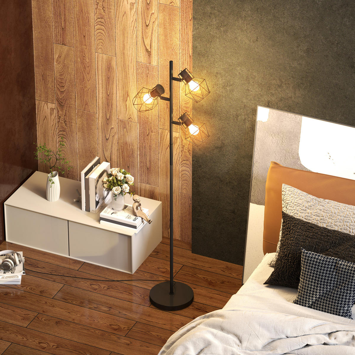 STEHLEUCHTE, Stehlampe mit 3 E27 Fassungen, 3 Flammen für Wohnzimmer, Schwarz - Schwarz, Metall (41/28/169cm) - HOMCOM