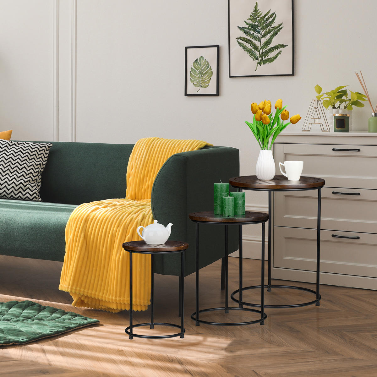 3DÍLNÁ sada odkládacích stolků - hnědá, kov/dřevo (41/41/53cm) - Relaxdays