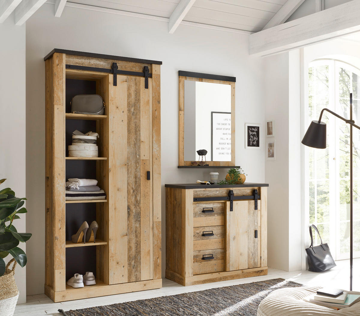 SCHUHSCHRANK Flurschrank Used Wood Vintage 93 x 201 cm - Anthrazit/Schwarz, Holzwerkstoff/Metall (93/201/38cm) - Furn.Design