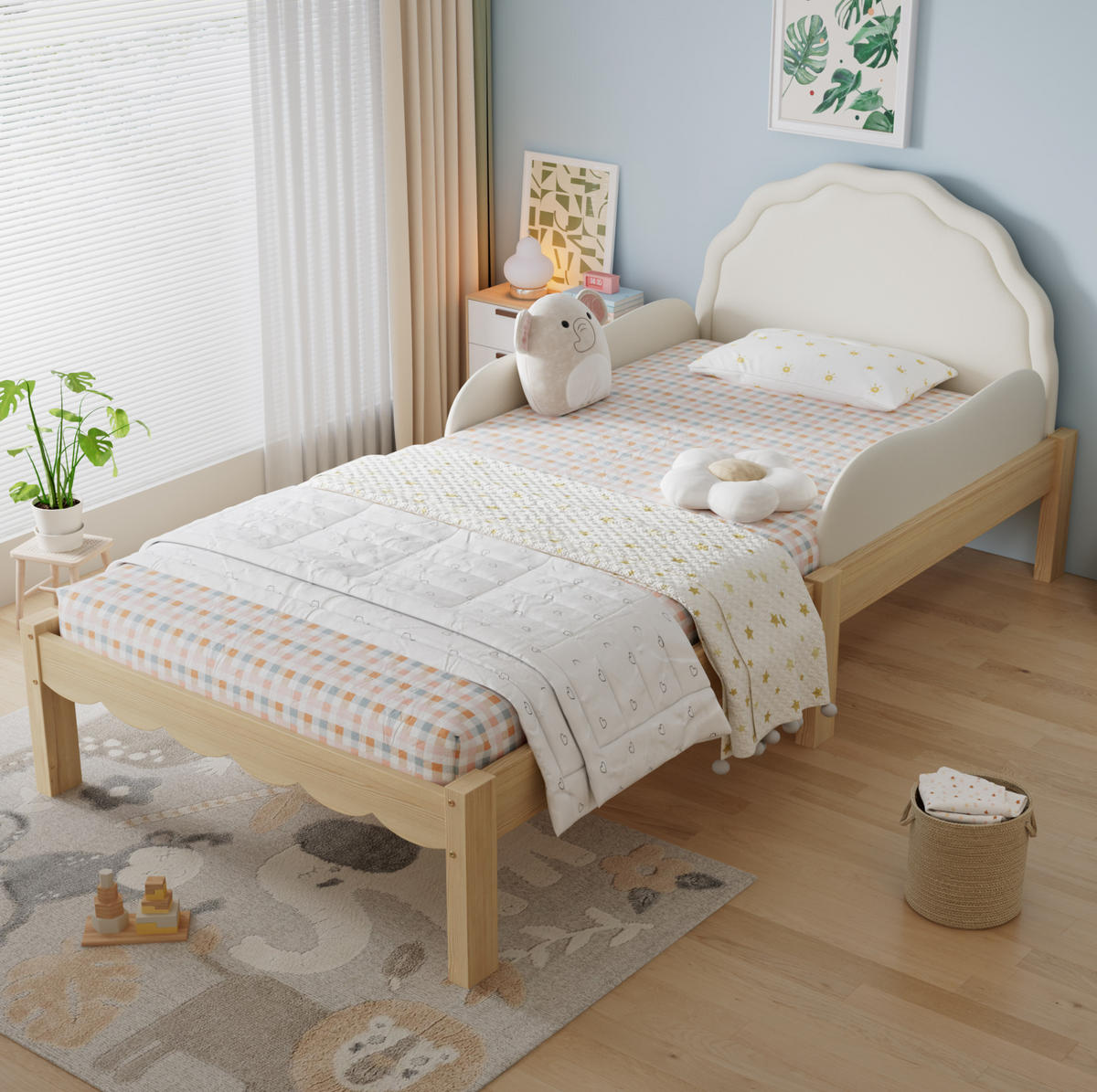 KINDERBETT 90/200 cm aus Holz mit gepolstertem PU-Kopfteil Beige/Natur - Beige, Holz (90/200cm) - Modenvie