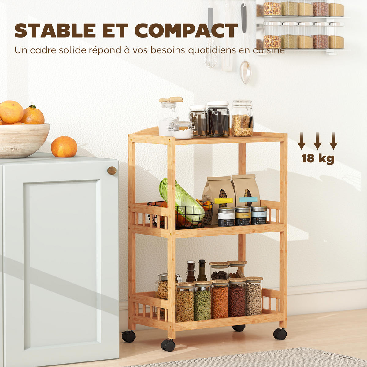 SERVIERWAGEN DE-17147 3 offene Ebenen aus Bambus Natur - Naturfarben, Naturmaterialien (30.5/83/53cm) - ComfortXL