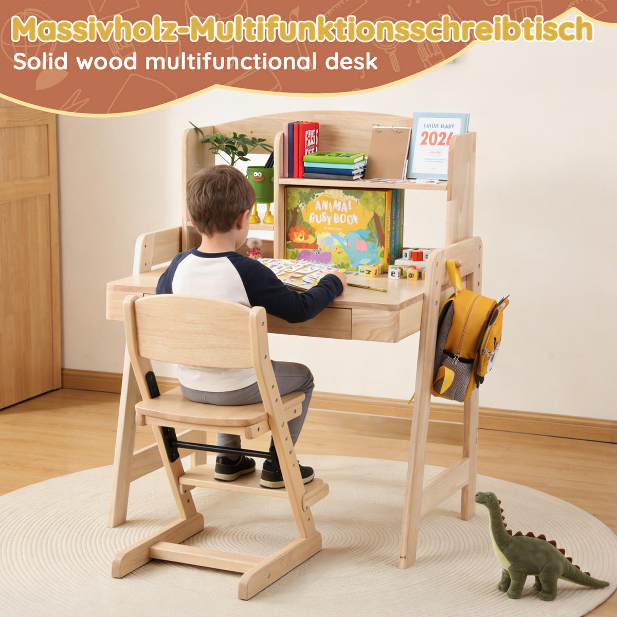 SCHREIBTISCH Naturfarben 88/60/118 cm höhenverstellbar Massivholz mit Schublade - Naturfarben, Holz (88/60/118cm) - PANGIVO