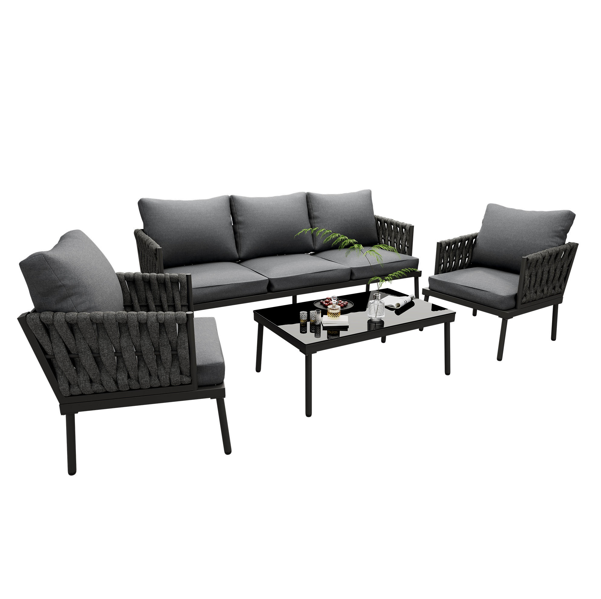 GARTENSET 4-tlg. 180x68x66cm grau aus Stahl und Seil mit Glas - Grau, Textil - Modfu