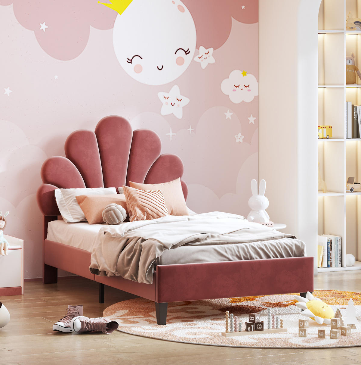 POLSTERBETT 90/200 cm bohnenrot aus Samt mit Blumen-Kopfteil - Dunkelrosa, Textil (90/200cm) - OKMYHOME