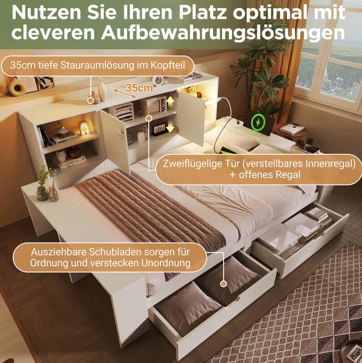STAURAUMBETT 140/200 cm werkstoff mit USB-/USB-C-Anschlüssen, Leselicht und Schubladen, Weiß - Weiß, Holzwerkstoff (140/200cm) - Redom