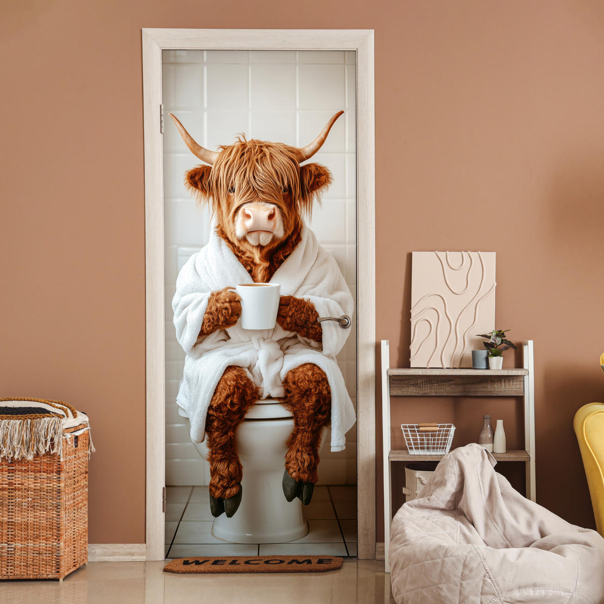 TÜRAUFKLEBER Selbstklebend - Schottisches Hochlandrind - WC - Bademantel - Modern - Tiere 95x235 cm - Türtapete - Kastanienfarben, Kunststoff (95/0.1cm) - MuchoWow