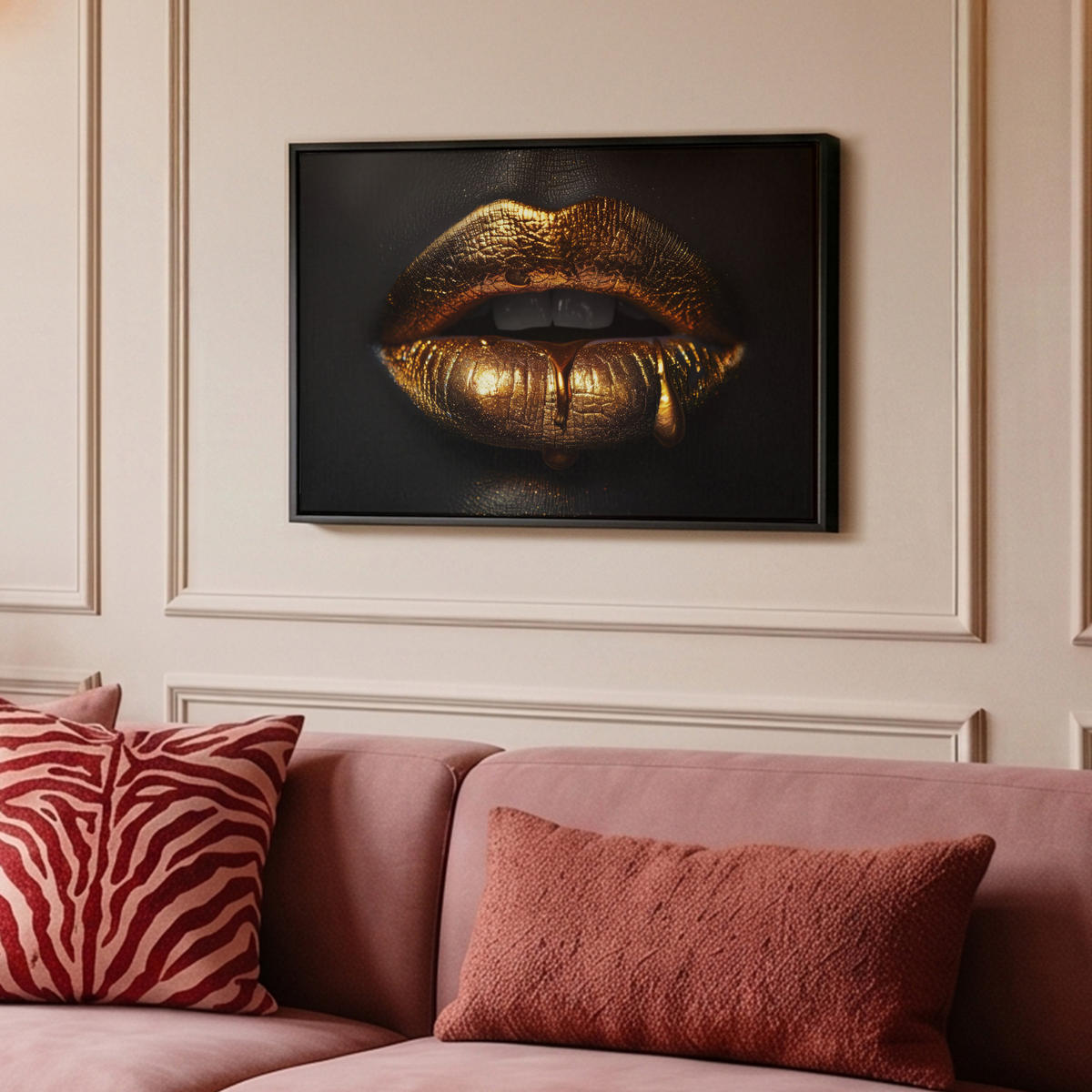 LEINWAND Bilder mit Rahmen - Frau - Porträt - Lippen - Gold - Schwarz - 60x40 - Schwarz, Textil (60/40cm) - MuchoWow