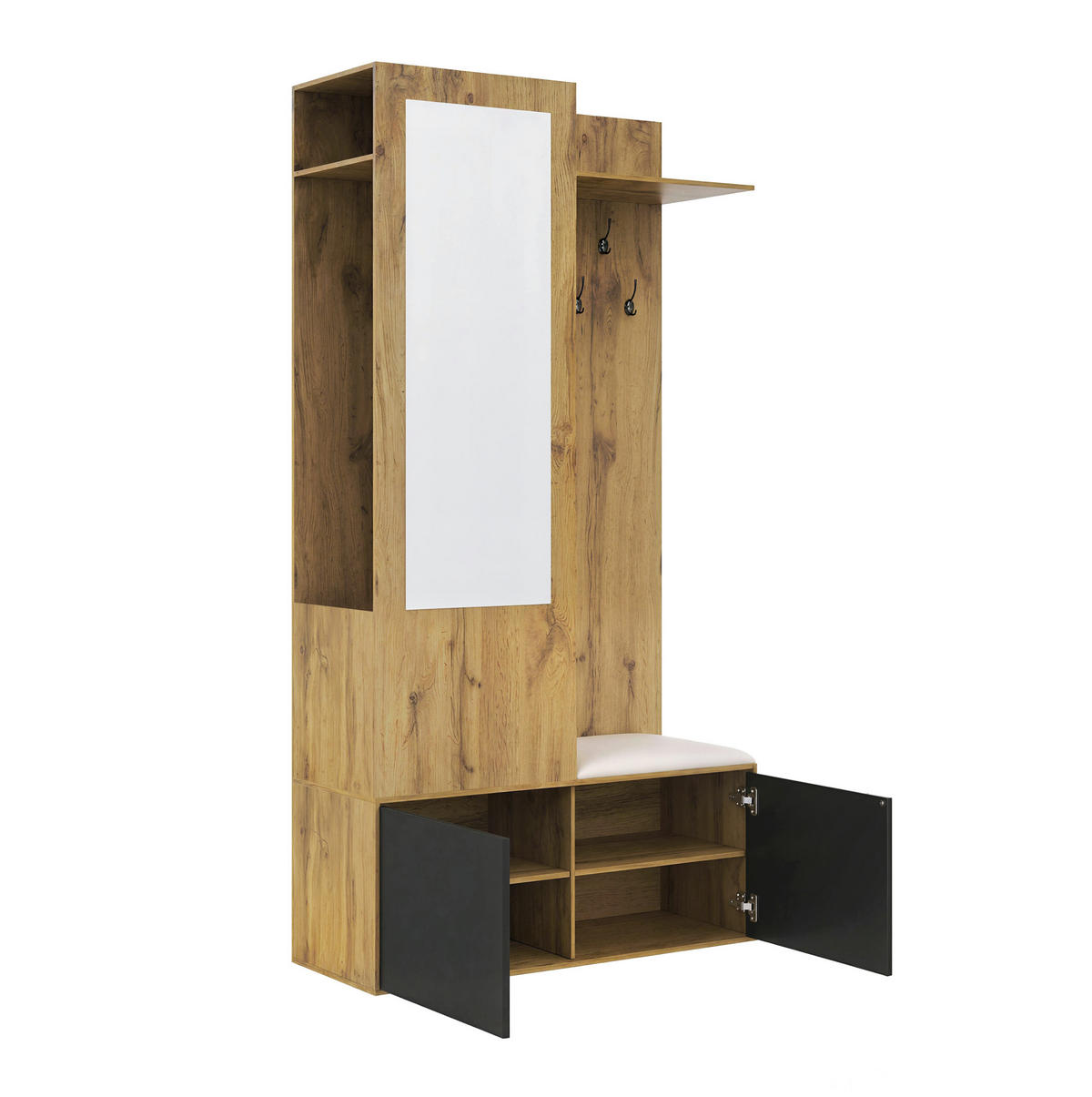 GARDEROBENSET 100/38/191 cm aus MDF mit Spiegel und Sitzbank Schwarz/Natur - Schwarz, Holzwerkstoff (100/191/38cm) - Modenvie