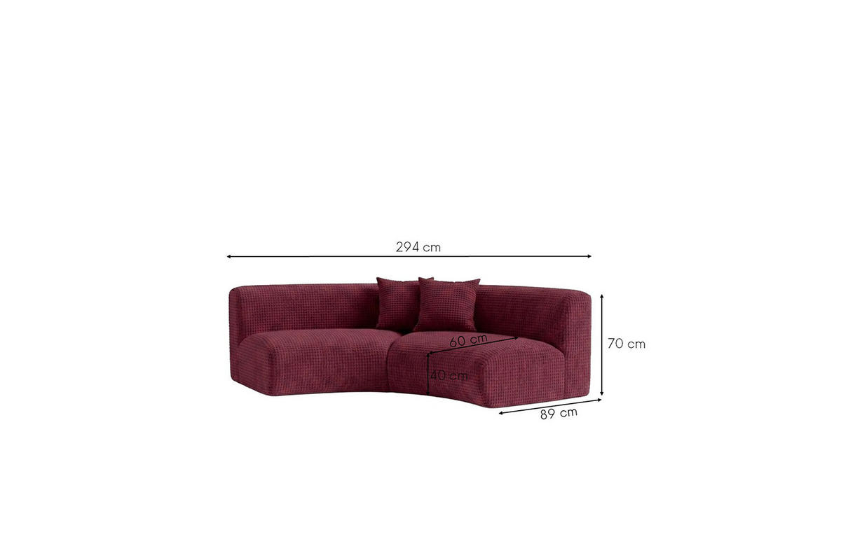 SOFA Round, Chenille-Stoff Cremona, Rotwein, GRETA - Weinrot, Holz (294/70/89cm) - Kaiser Möbel