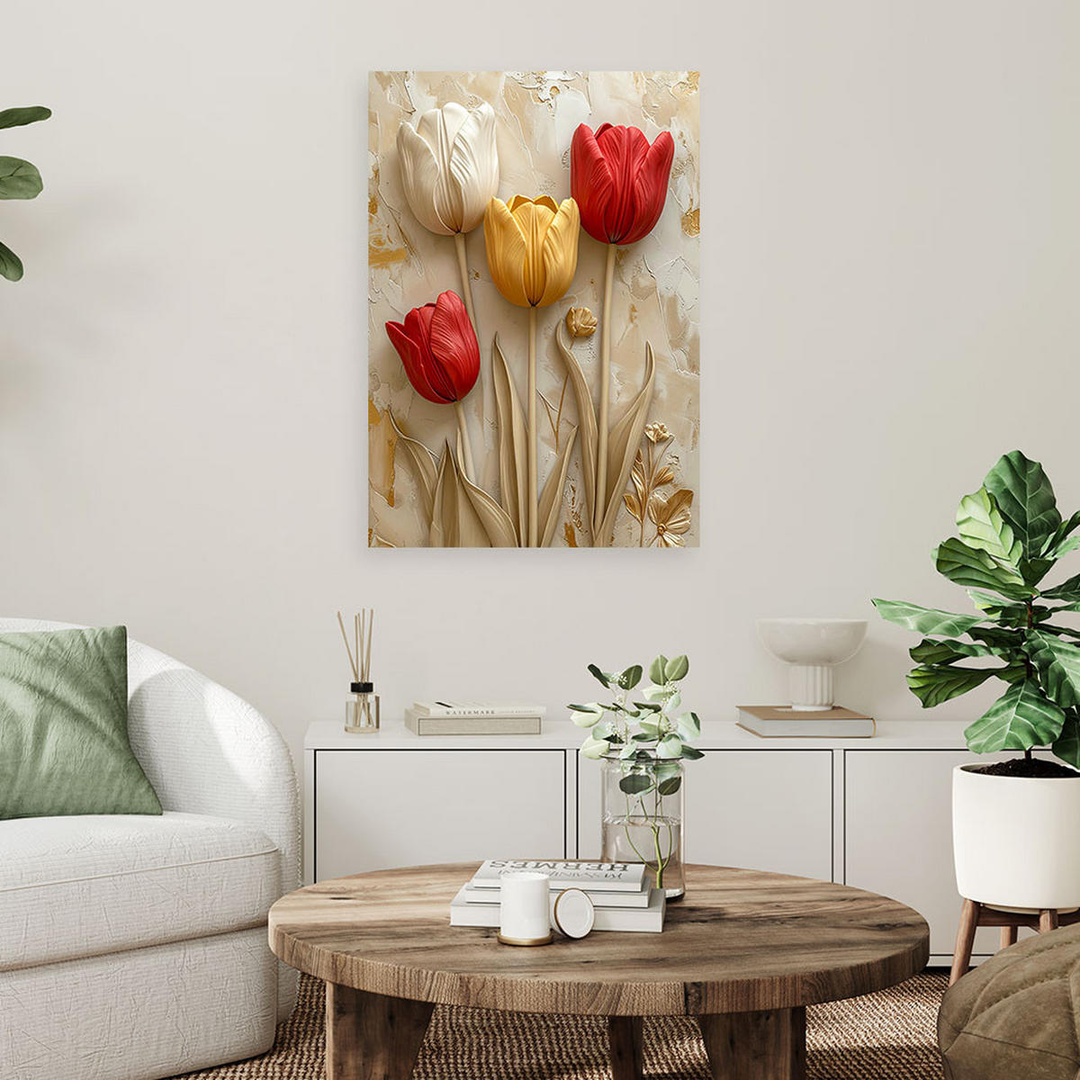 LEINWANDBILDER, Rote und gelbe Tulpen in einem eleganten Blumenarrangement - Beige, Textil (80/120cm) - Feeby