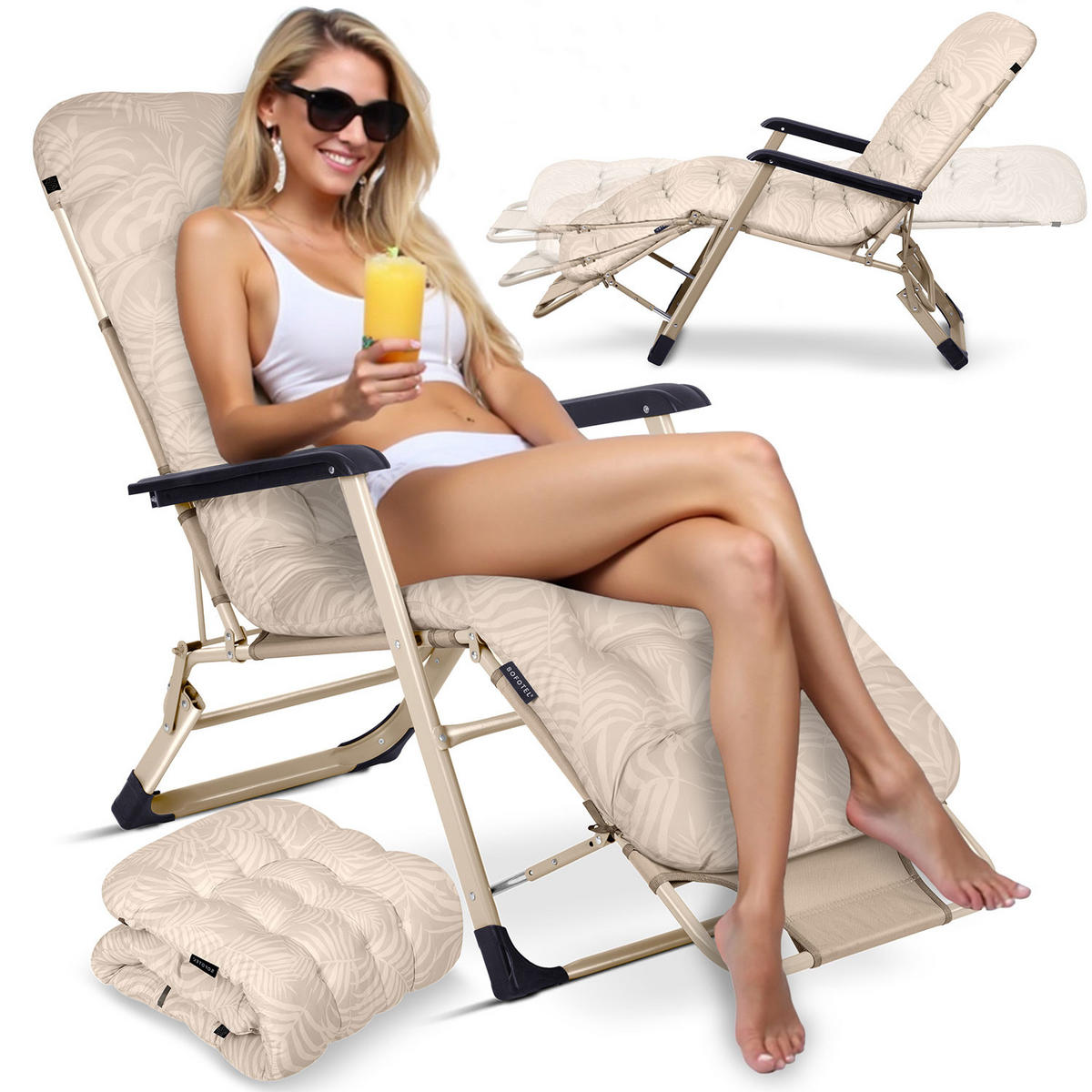 GARTEN-RELAXSESSEL Klappbarer mit Kissen, Beige - Beige, Metall (60/102/110cm)