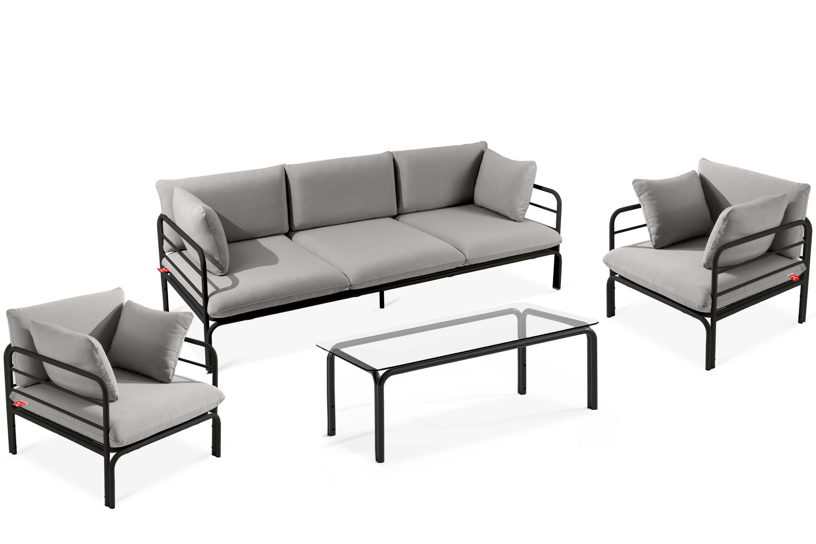 GARTENMÖBELSET RAMBE 4-tlg. 1x Tisch 2x Sessel 1x Sofa 3-Sitzer, mit Auflage, Stahlrahmen, LOFT-STIL, Anthrazit/Hellgrau - Dunkelgrau/Hellgrau, Textil/Metall - KONSIMO®