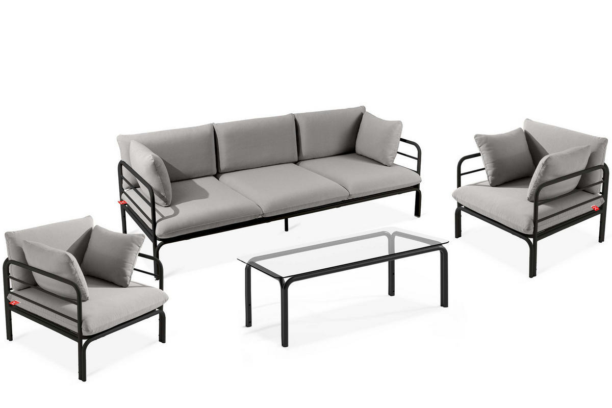 GARTENMÖBELSET RAMBE 4-tlg. 1x Tisch 2x Sessel 1x Sofa 3-Sitzer, mit Auflage, Stahlrahmen, LOFT-STIL, Anthrazit/Hellgrau - Dunkelgrau/Hellgrau, Textil/Metall - KONSIMO®