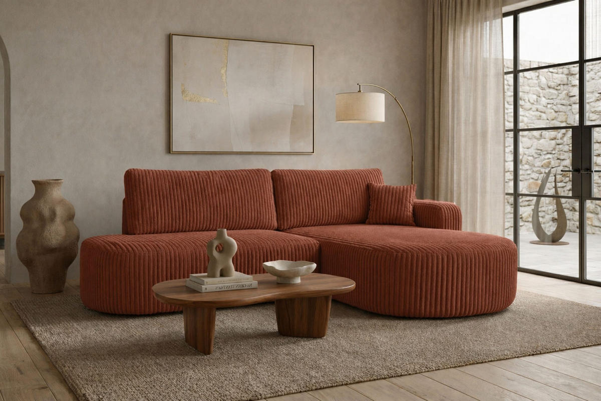 ECKSOFA Mit Schlaffunktion Und Bettkasten, Cordstoff Tilia, Kupfer, Rechts, ROUND ONE OPEN XL - Orange, Holz (262/175cm) - Kaiser Möbel