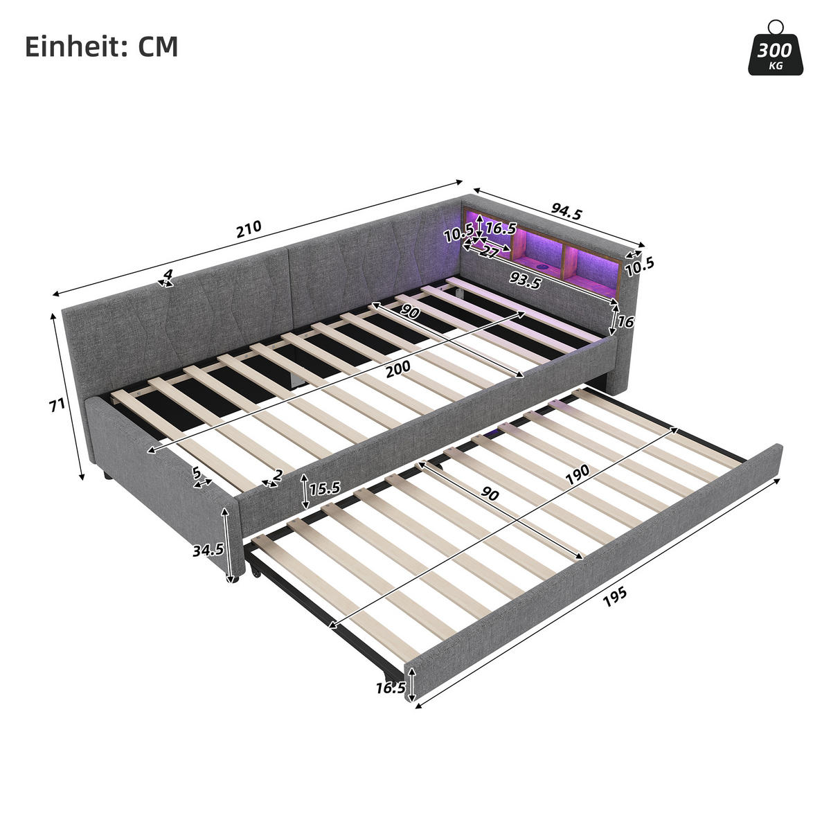 DAYBETT 90/200 cm Grau mit Ablagefach und LED-Beleuchtung aus Leinen - Grau, Textil (90/200cm) - OKWISH