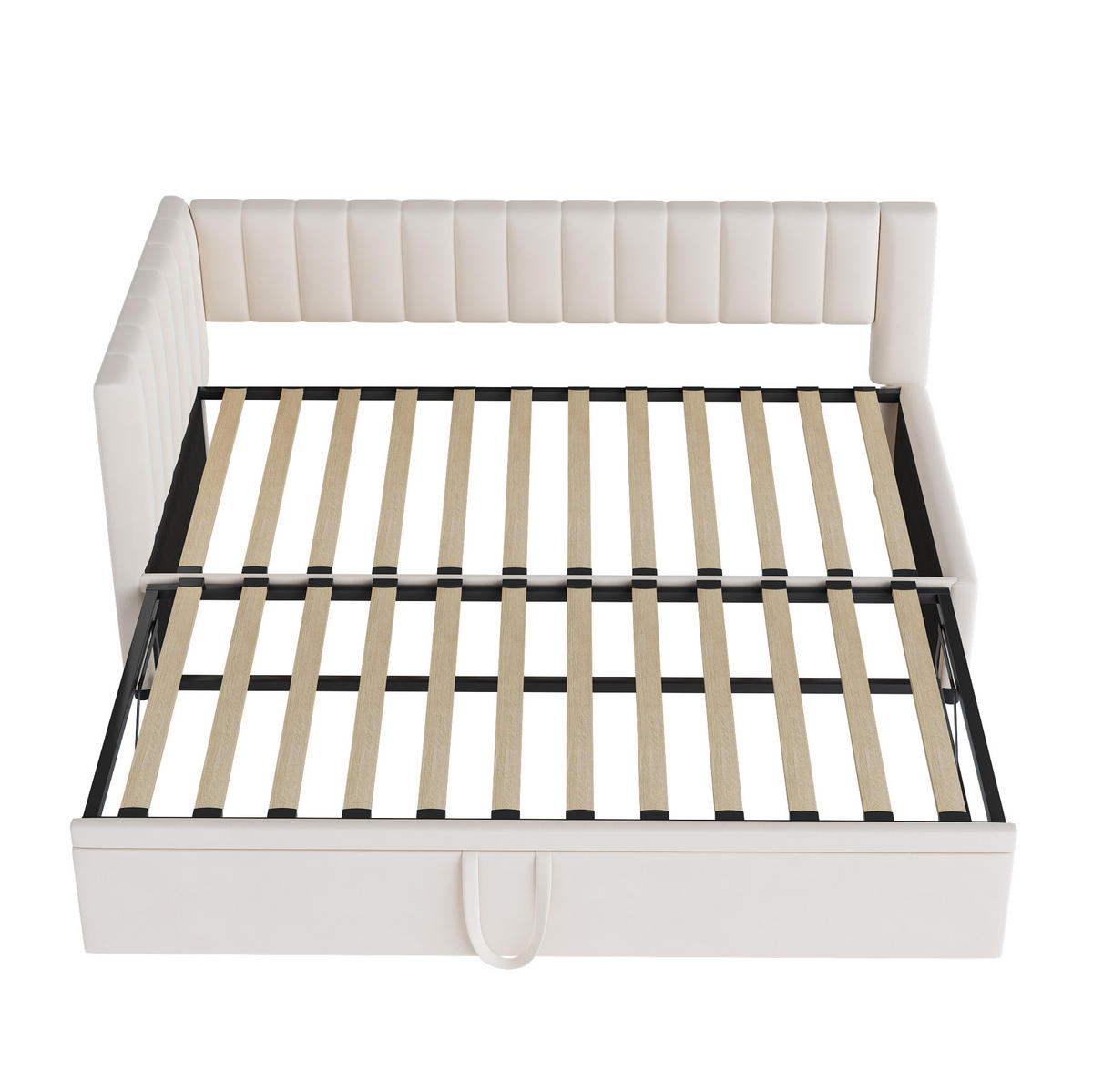 SAMT-POLSTERBETT 90/200 cm Beige mit Ausziehbett und gepolstertem Kopfteil - Beige, Textil (90/180cm) - BEAOK