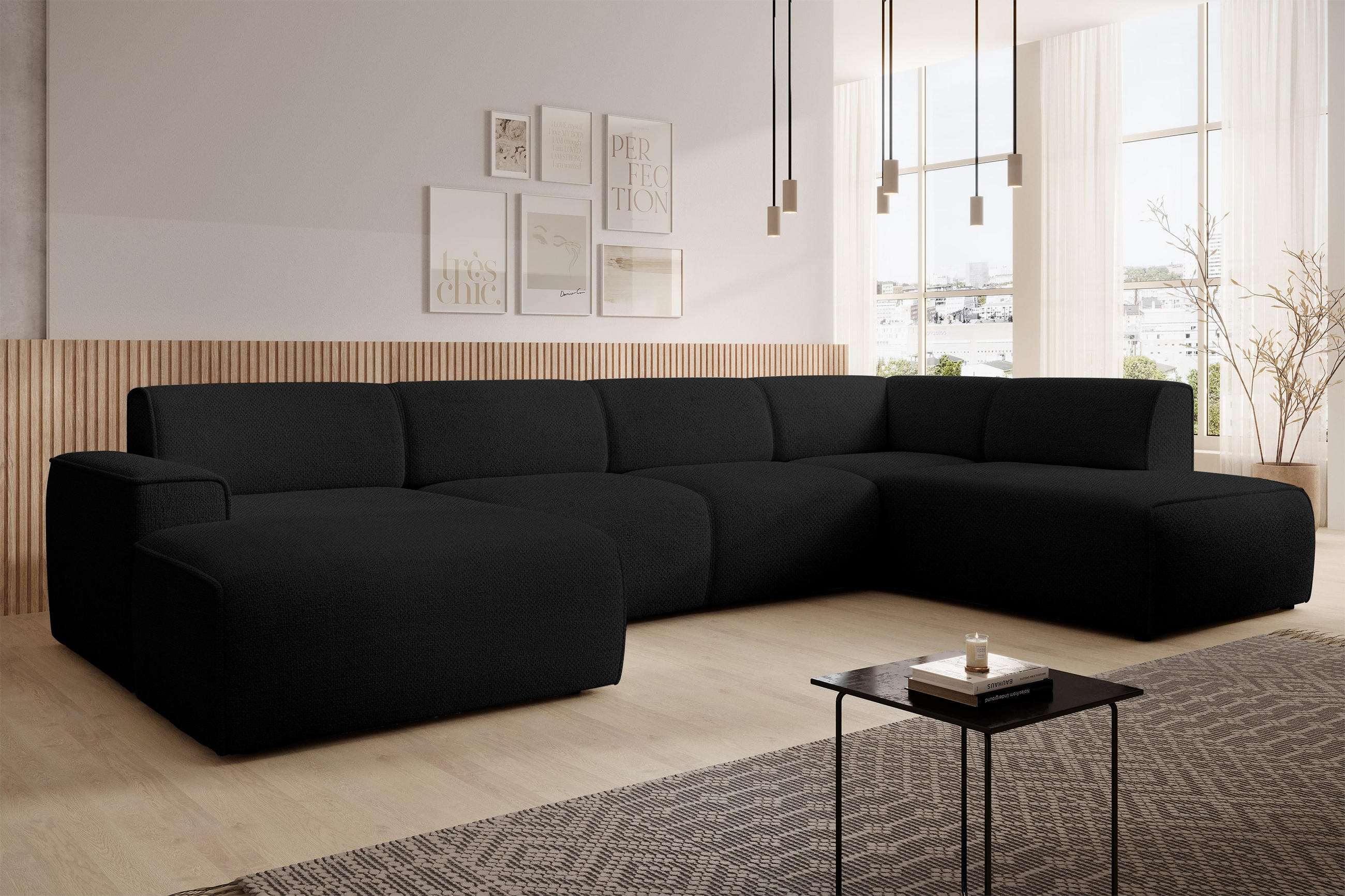 WOHNLANDSCHAFT Didim Schwarz 378/220/78 cm – großes Sofa stilvoll & bequem R - Schwarz, Kunststoff/Textil (378/78/220cm) - AX Living