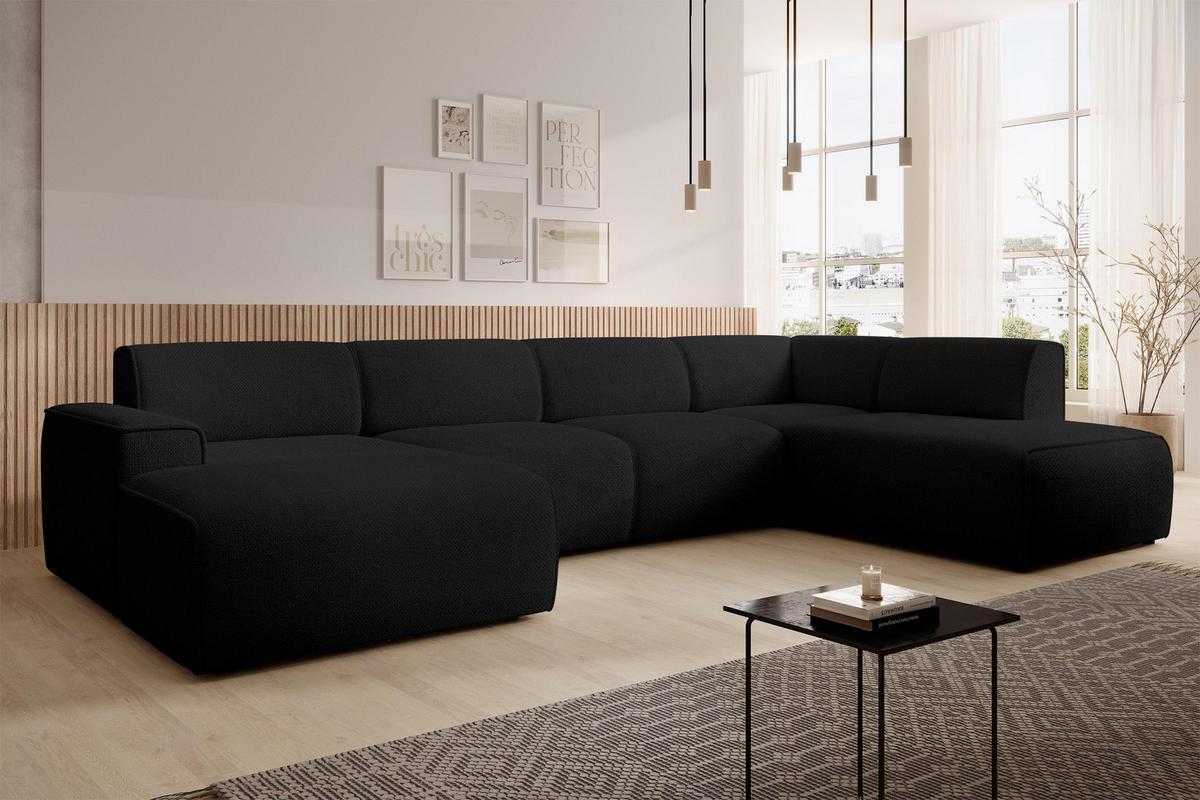 WOHNLANDSCHAFT Didim Schwarz 378/220/78 cm – großes Sofa stilvoll & bequem R - Schwarz, Kunststoff/Textil (378/78/220cm) - AX Living