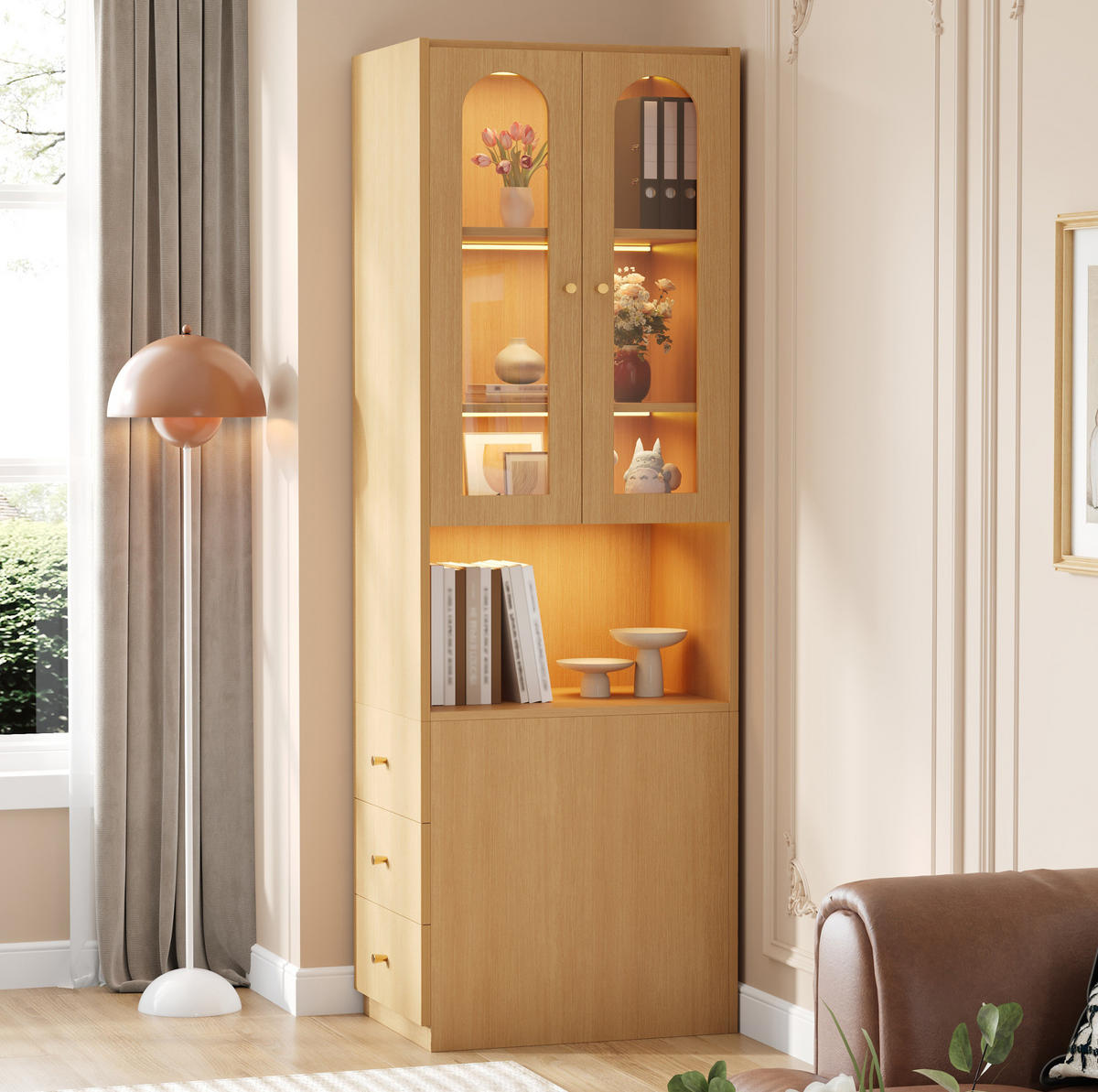KNIHOVNA z MDF 60x40x200 cm v dekoru dubu s LED vitrínou z tvrzeného skla a bočními zásuvkami - barva dubu, kompozitní dřevo (60/200/40cm) - Modfu