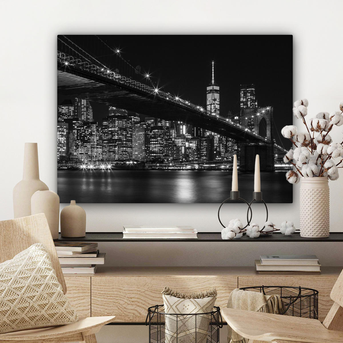 LEINWANDBILD New York - Brooklyn - Brücke Wandbilder 80x60 cm - Schwarz, Textil (80/60cm) - MuchoWow