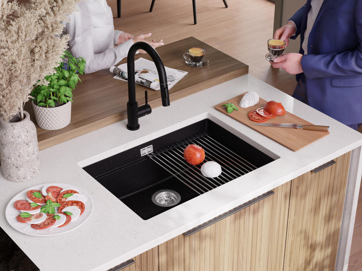 UNTERBAUSPÜLE GRANIT Praga, 2-er set Schwarz Metallic 66/47 cm 1 Becken + Ablauf-Set + Aufrollbare Abtropffläche ab 70er Unterschrank - Chromfarben/Schwarz Hochglanz, Kunststoff (66/20/47cm) - Primagran