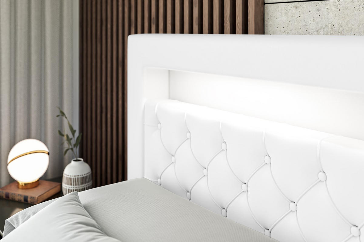 BOXBETT LED mit H3-Matratze und Lattenrost - NOEL GOLD - 180x200 Weiß Hochglanz - Weiß Hochglanz, Holzwerkstoff (180/200cm) - ALTDECOR