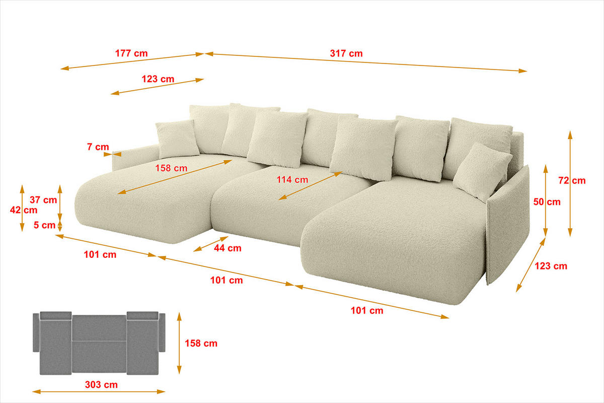 WOHNLANDSCHAFT mit Schlaffunktion und Bettkasten ONESK-U-v1 317x177x72 Beige Bouclé - Creme, Holzwerkstoff/Kunststoff (317/72/177cm) - ALTDECOR