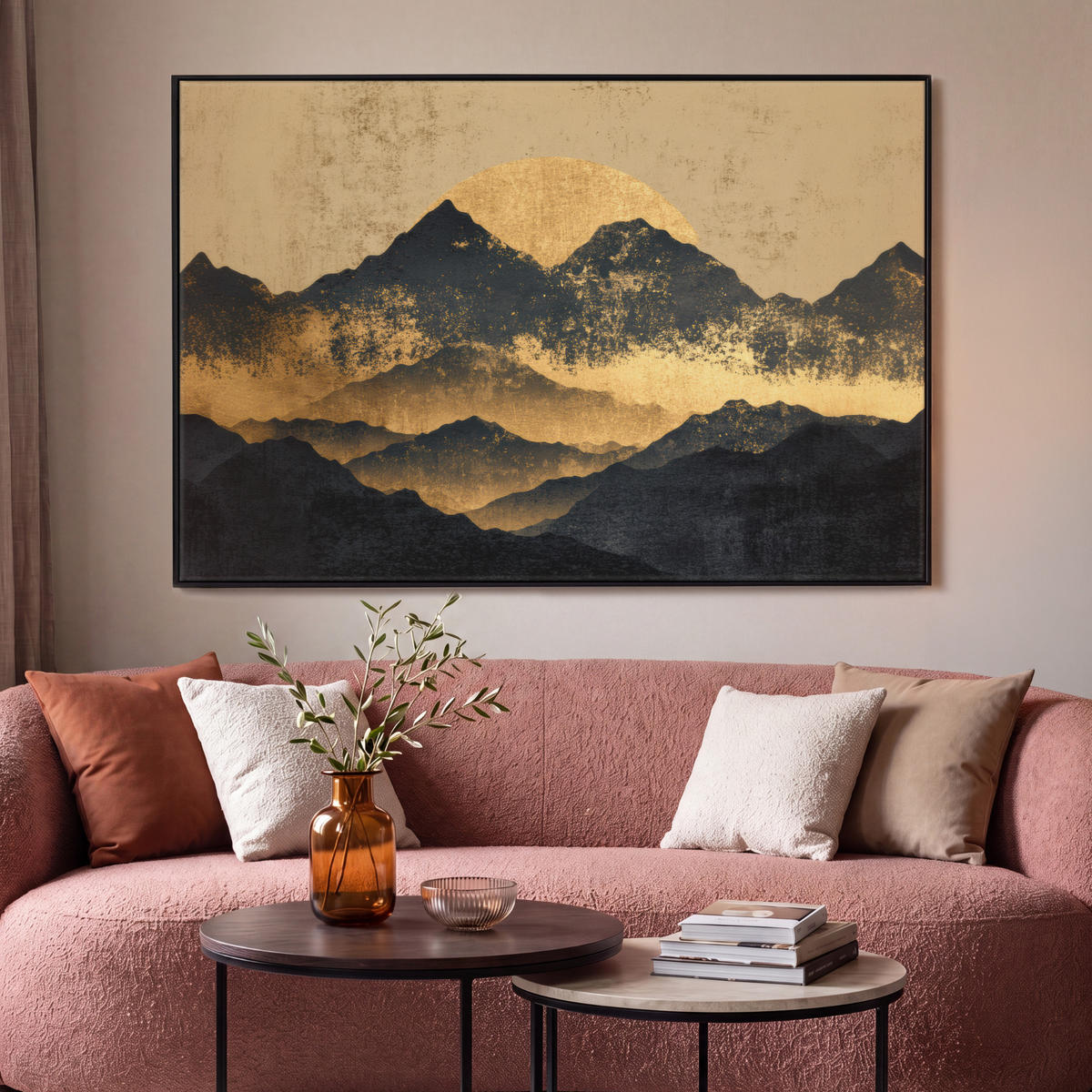 LEINWAND Bilder mit Rahmen - Goldene Berge bei Mondschein - 140x90 - Goldfarben, Textil (140/90cm) - MuchoWow