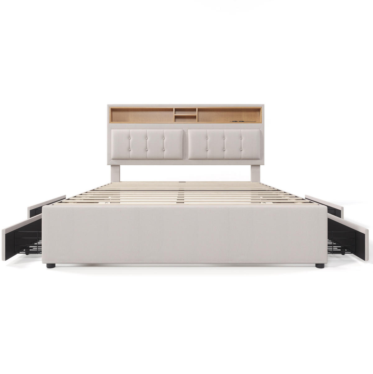 POLSTERBETT aus Leinen 140x200 cm Beige mit 4 Schubladen, verstellbarem Kopfteil und USB-C-Anschluss - Beige, Textil (140/200cm) - IVMEU