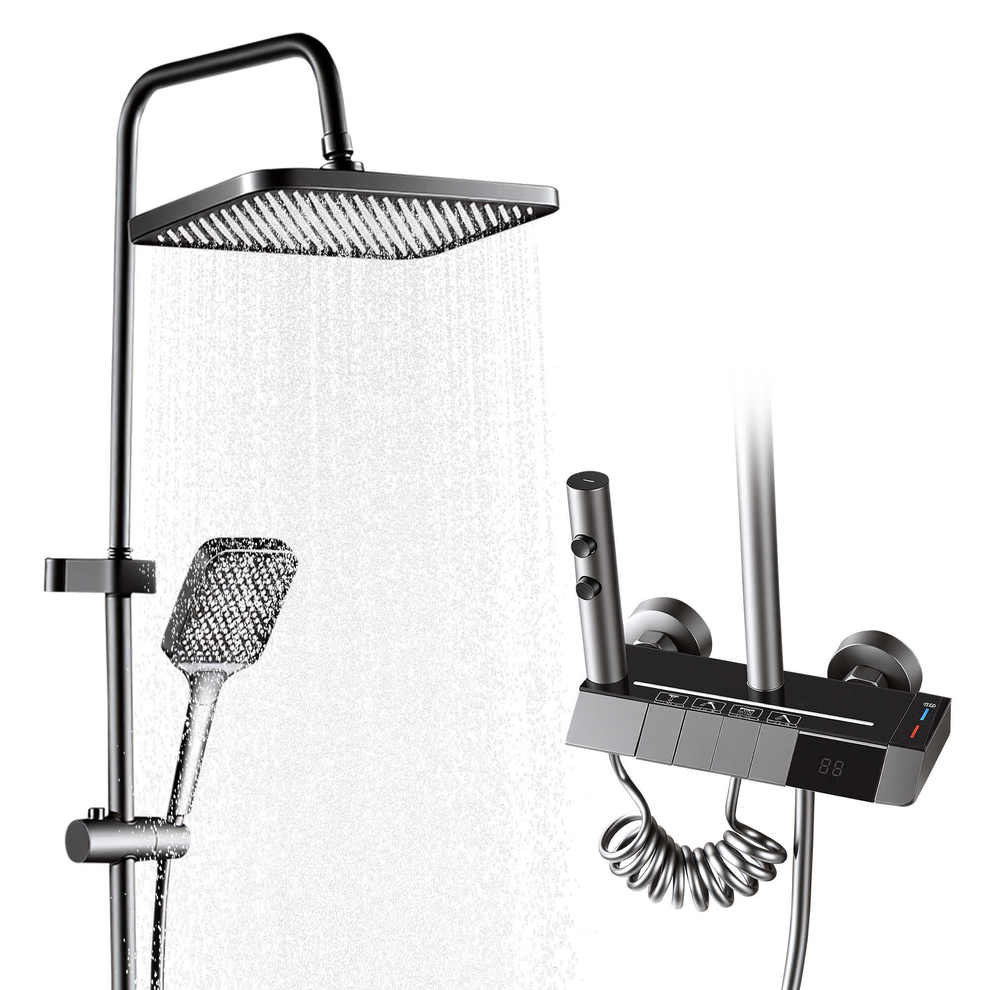 ČIERNY sprchový systém s dažďovou sprchou, LED, 4 funkcie, termostat - čierna, kov (30/120/20cm)