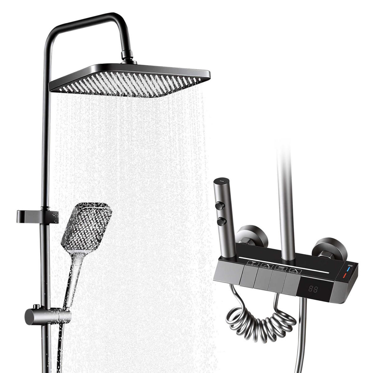 DUSCHKOLONNE gunmetal, digitale led-temp anzeige, 4-in-1 duschfunktion - Grau, Metall (30/11.8/72cm) - SHOPENTRA