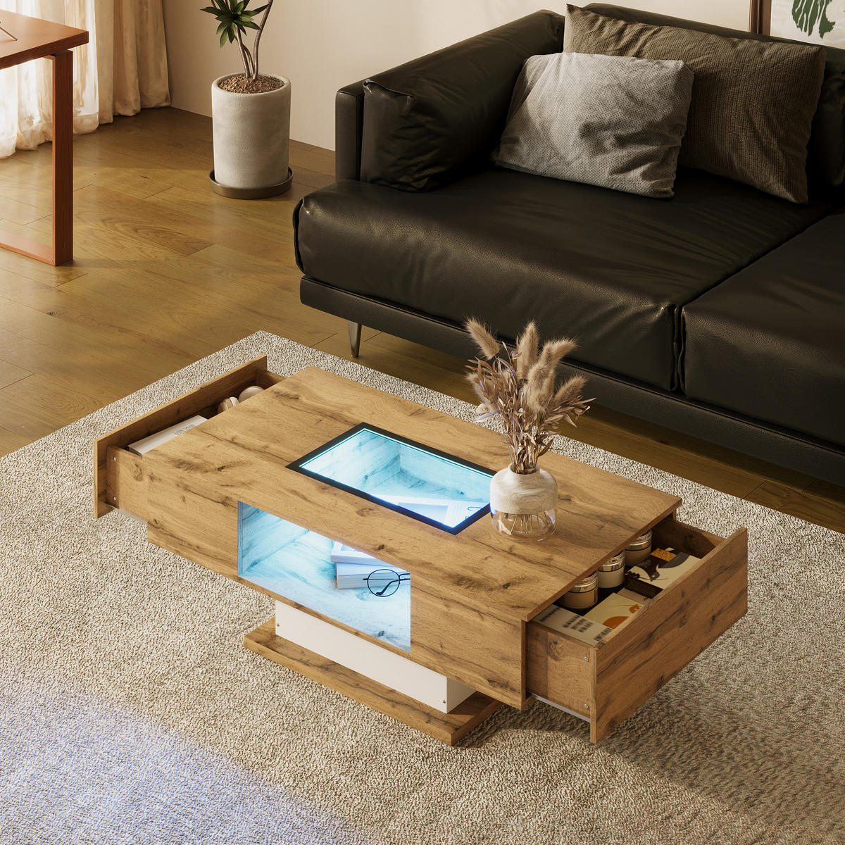 COUCHTISCH 110.2/60 cm Natur aus Spanplatte mit Glas und LED-Beleuchtung - Naturfarben, Holzwerkstoff (110.2/60/39.7cm) - OKMYHOME