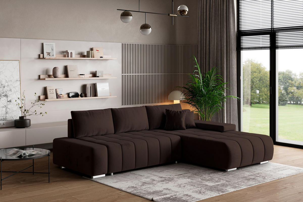 ECKSOFA ALESE R-S Braun Velours-Stoff mit Schlaffunktion - Braun, Holz (265/185cm) - MASSENO