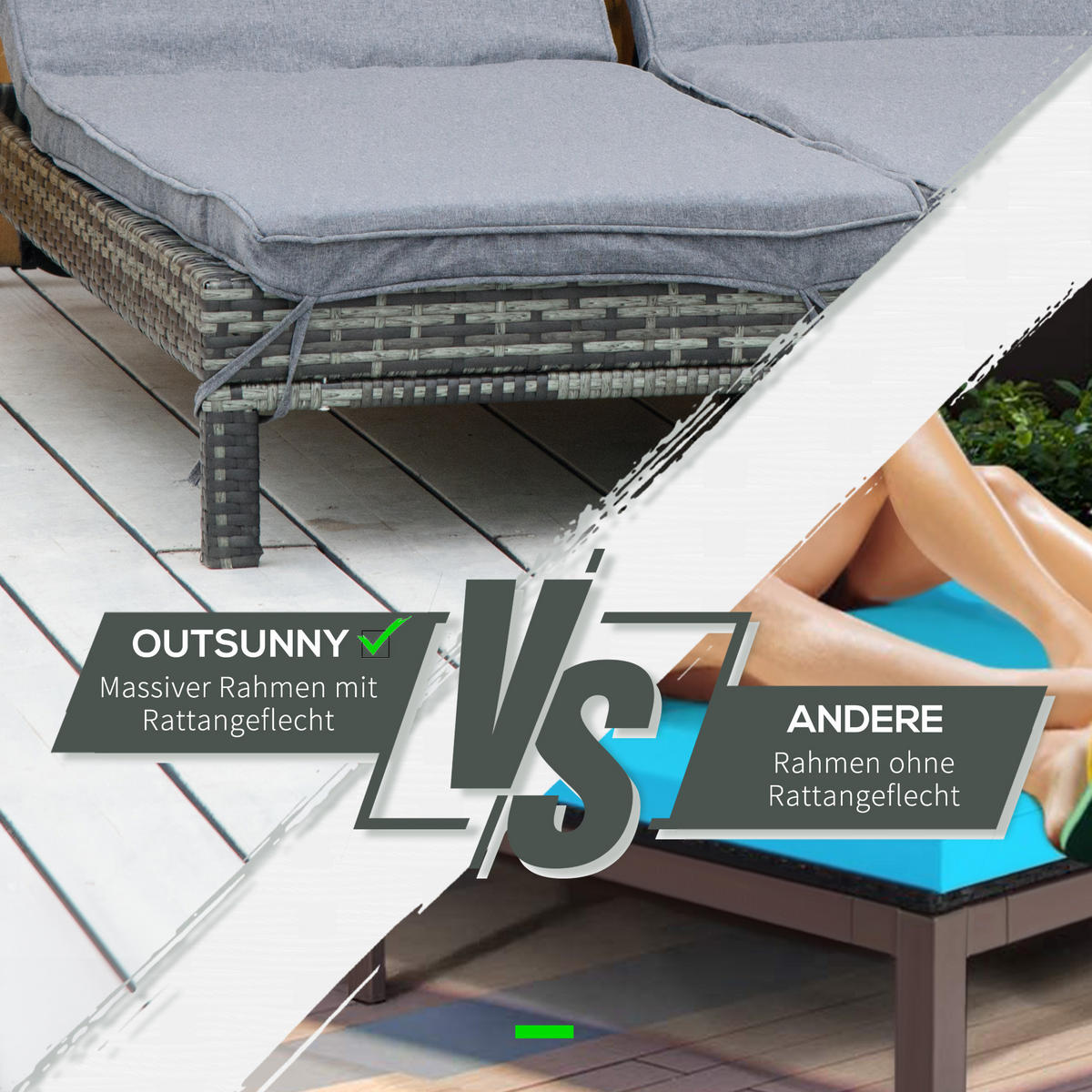 DOPPELLIEGE, Metall, PE, Rattan, Grau - Grau, Metall (120/28/196cm) - Outsunny