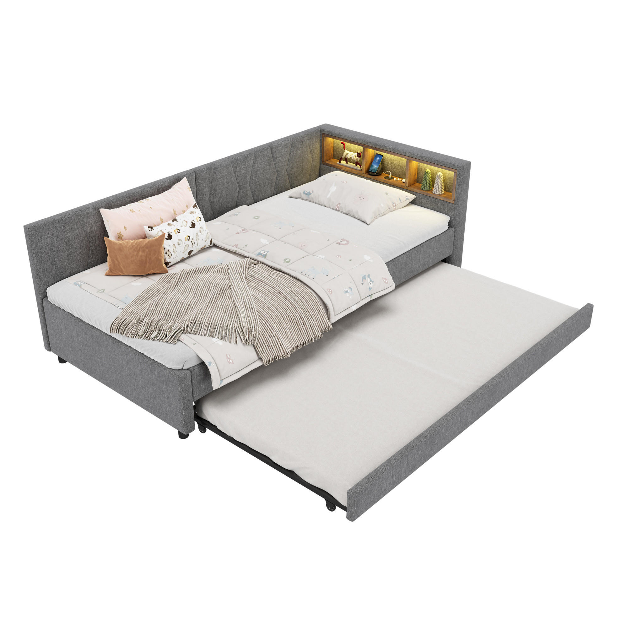 POLSTERBETT 90/200 cm mit LED-Beleuchtung, USB-C und ausziehbarem Gästebett - Grau, Textil (90/200cm) - BEAOK