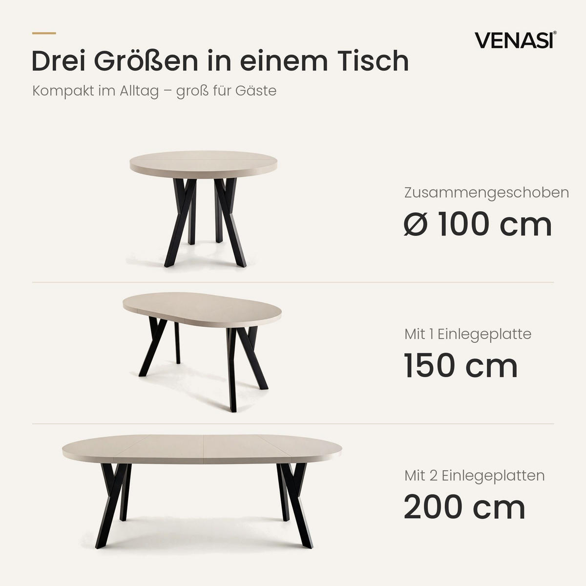 ESSTISCH ausziehbar rund 100-200 cm ATO Kaschmir, Auszugstisch mit Einlegeplatte - Kaschmir/Schwarz, Holzwerkstoff (100/100/77cm) - VENASI MÖBEL