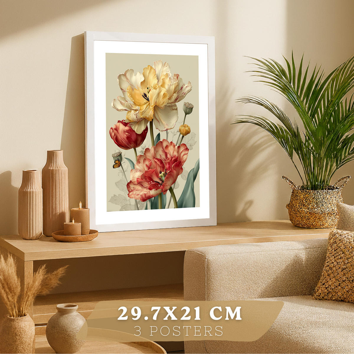 PLAKAT Sada 3 barevných květinových obrazů. Dekorativní nástěnné tisky barevných květin a přírody. Obrazy divokých květin. Velikost Bílý rám A4 - bílá, papír (21/29.7/3cm) - Nacnic