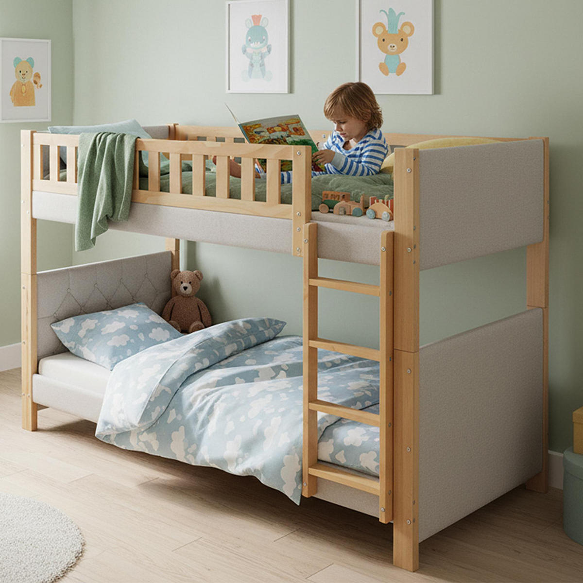 ETAGENBETT 90x200cm, vierstufige gerade Treppe, Grau+Natur - Grau, Holz (94/212cm) - KOMHTOM