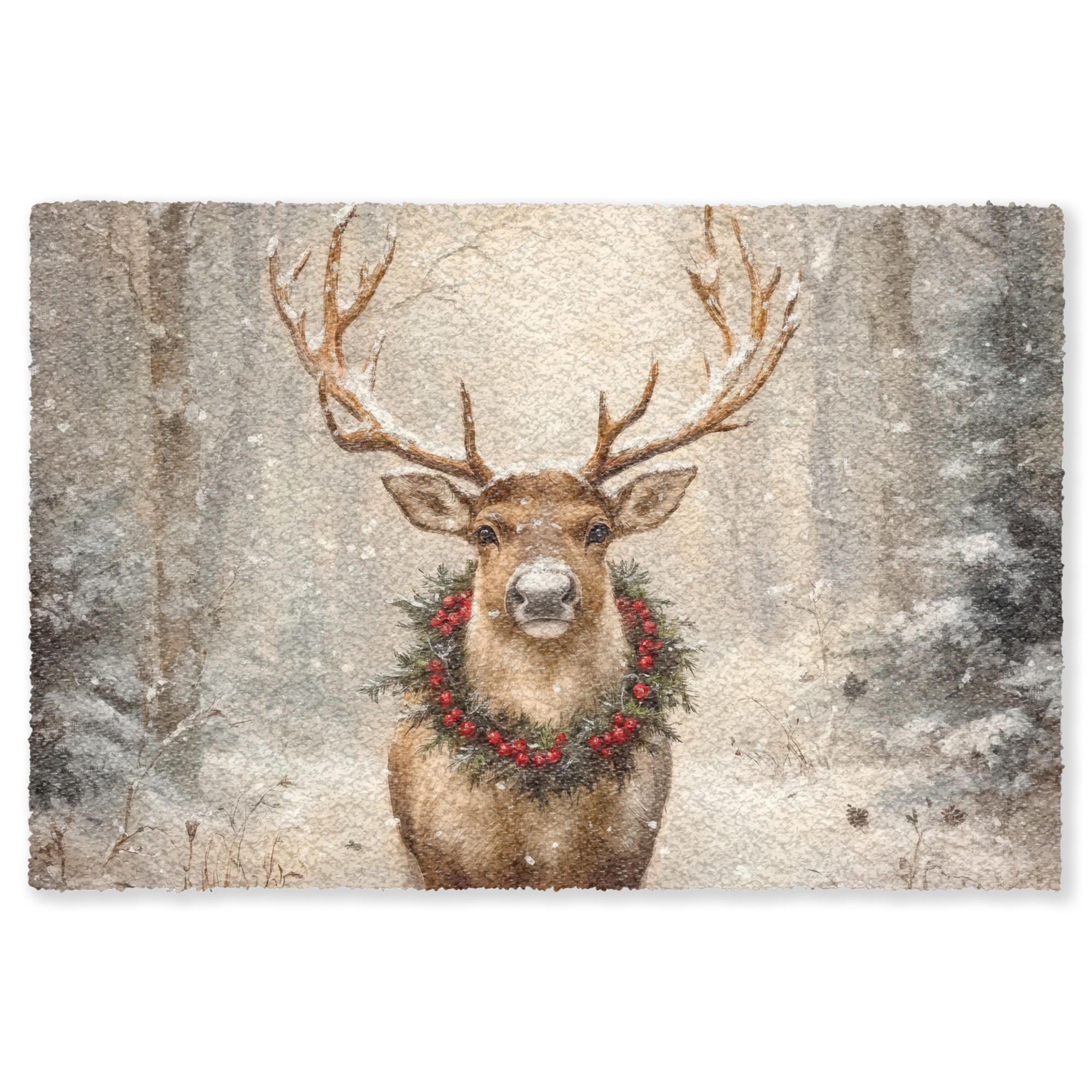FUSSMATTE Weihnachten - Rentier - Winter - Kranz Flurteppich 120x80 cm - Braun, Kunststoff/Textil (120/0.4cm) - MuchoWow