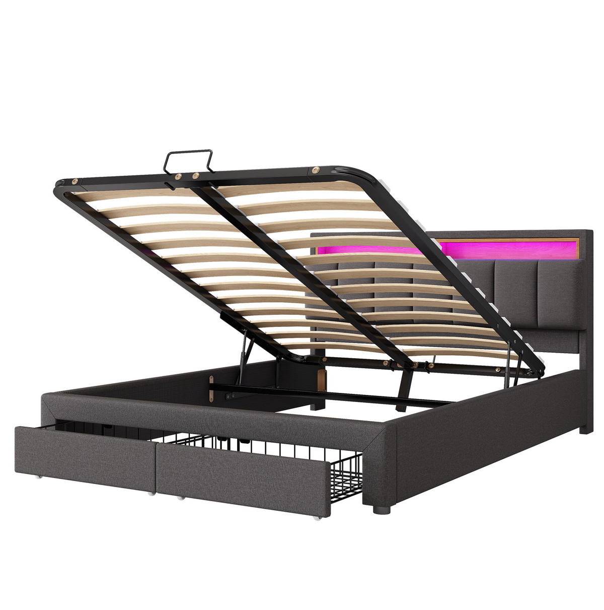 POLSTERBETT 180/200 cm dunkelgrau aus Leinen mit LED und Bettkasten - Dunkelgrau, Textil (180/200cm) - OKWISH