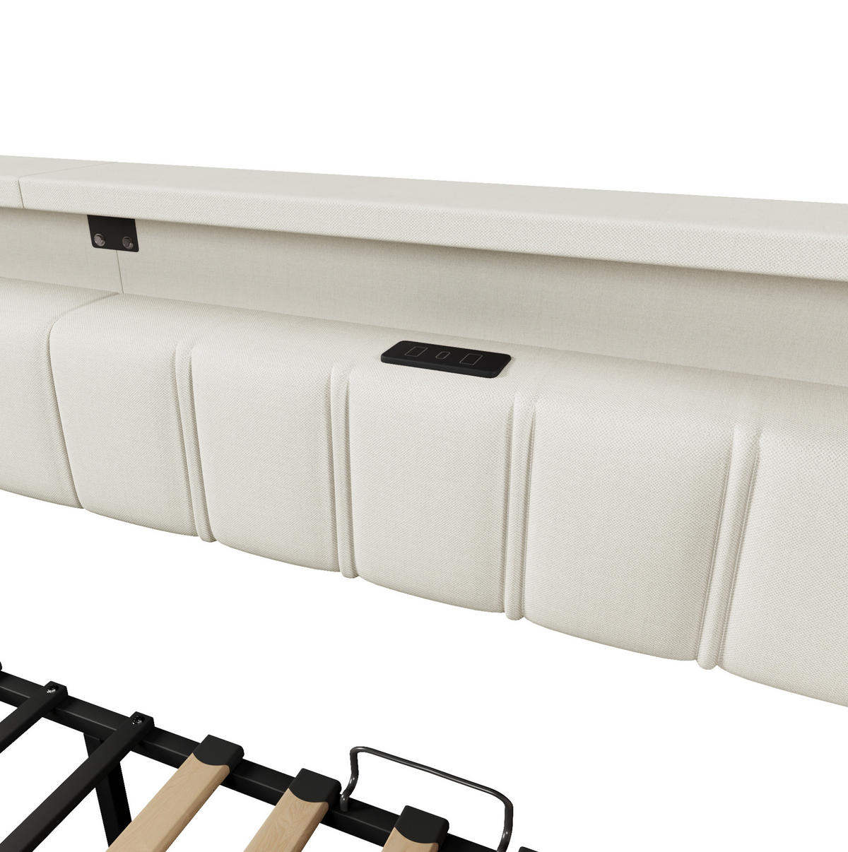 BETT 90/200 cm Beige aus Leinen mit USB, Typ-C und LED-Leiste - Beige, Textil (90/200cm) - OKMYHOME