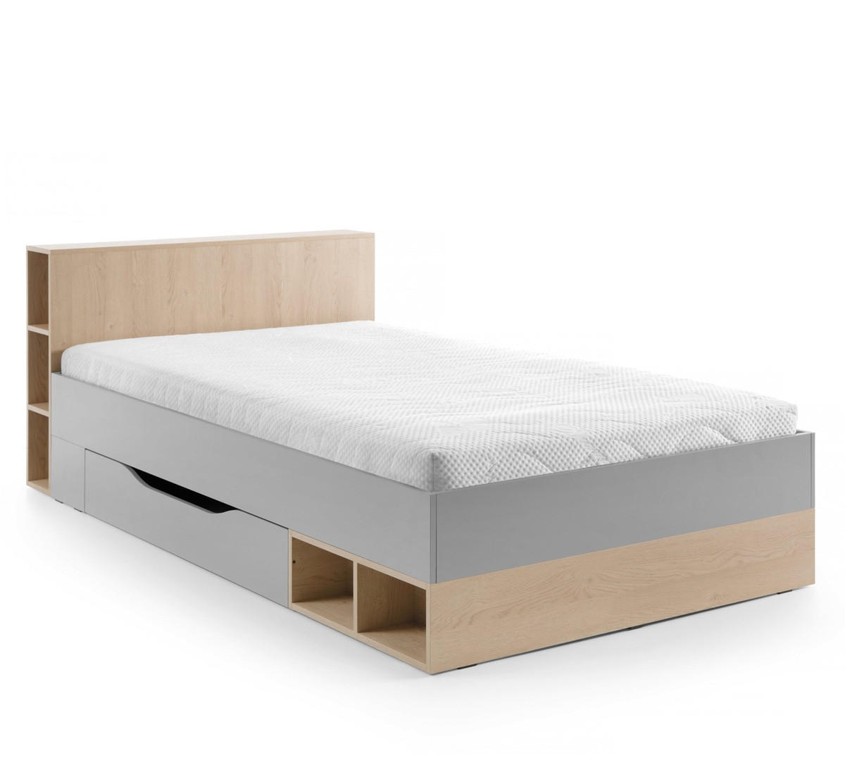 JUGENDZIMMER Oriel Set B mit Bett 120 x 200 - 6-teilig - Platingrau / Biskuit-Eiche - Eichefarben/Schwarz, Holzwerkstoff/Metall (124/80/224cm) - QMM TraumMöbel
