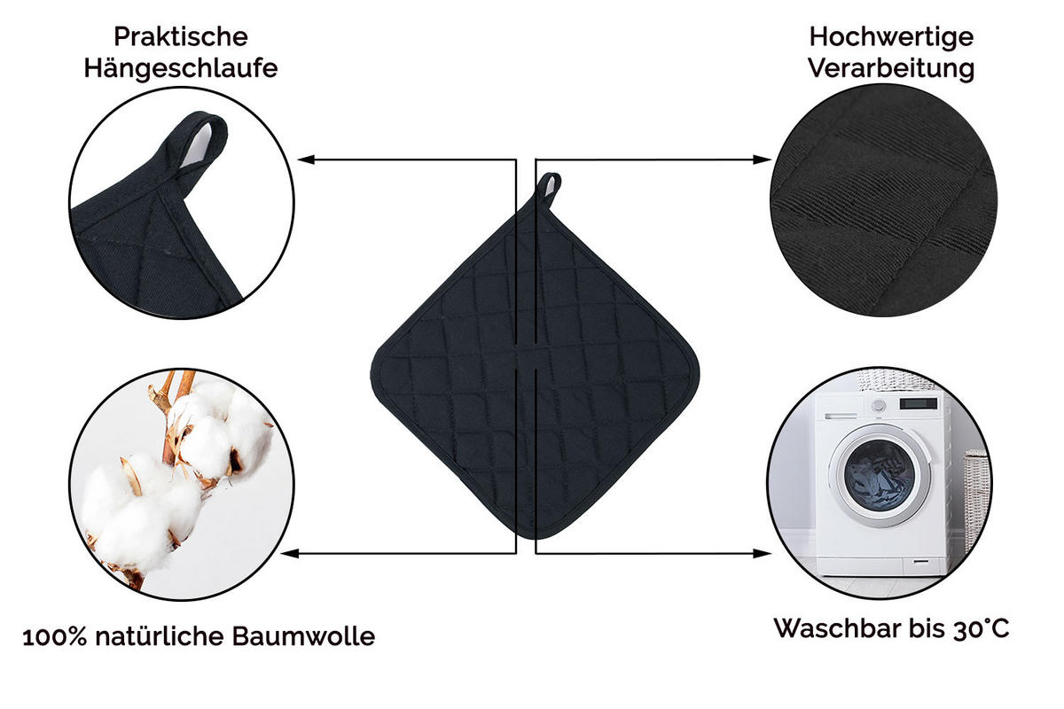 TOPFLAPPEN, 2er-Set, 24x24 cm, 100% Baumwolle, Schwarz - Schwarz, Textil (24/24cm) - Zollner