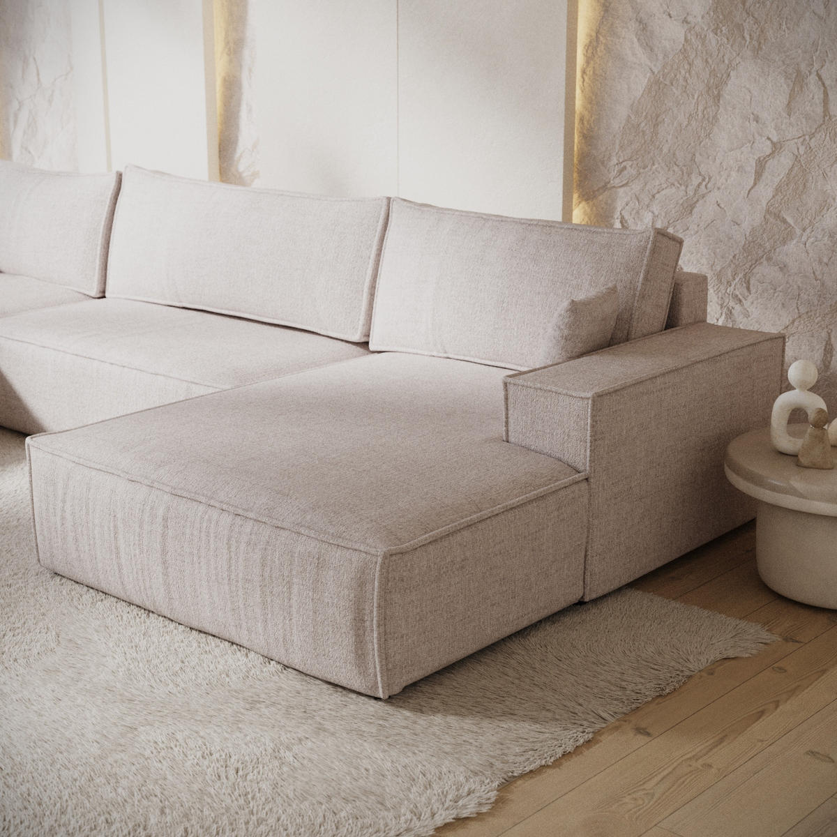 WOHNLANDSCHAFT NUBO mit Schlaffunktion Creme im Neve Stoff - Sandfarben/Schwarz, Holz/Holzwerkstoff (398/70/148cm) - AltaBeds