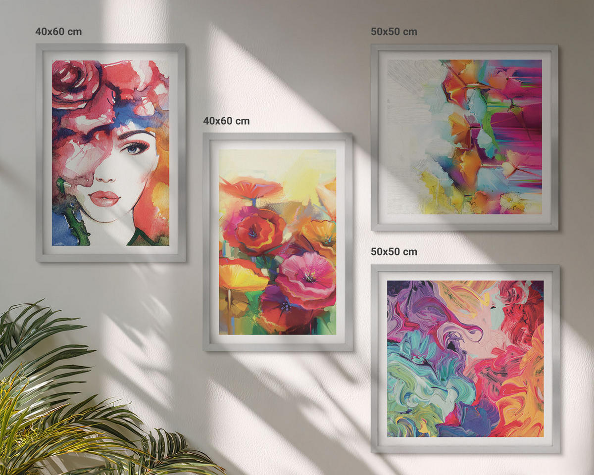BILDER SET 4er Set - 50x50 cm & 40x60 cm Silberner Rahmen - Porträt von Blumen in intensiven Farben - Silberfarben, Kunststoff (50/50cm) - TULUP