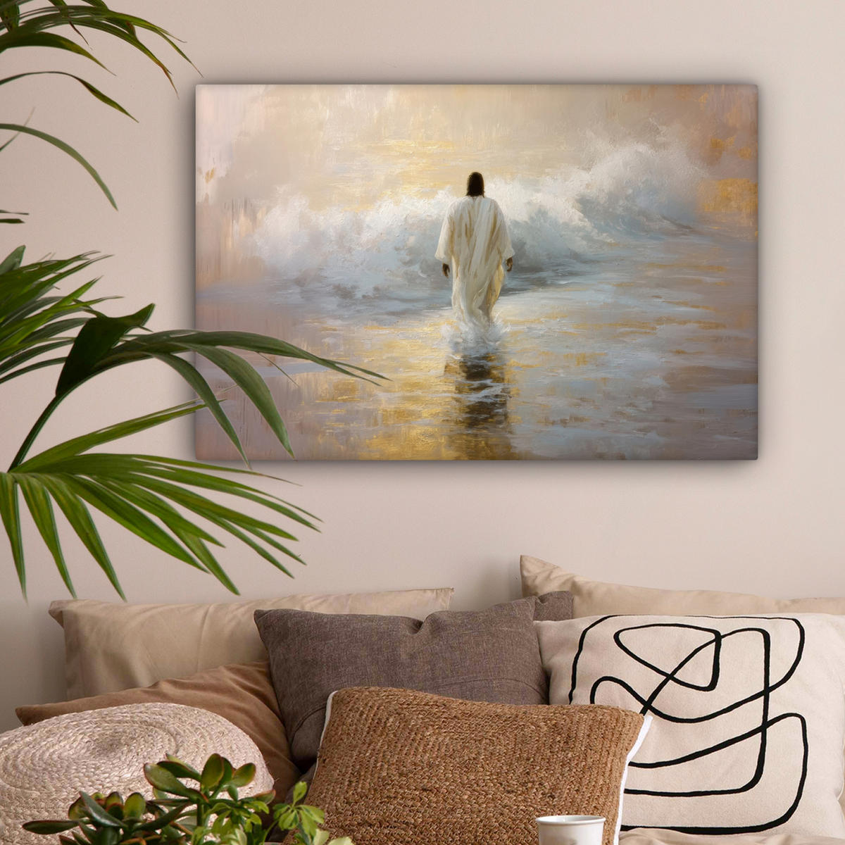 LEINWANDBILD Gemälde - Welle - Jesus - Abstrakt Gemälde 60x40 cm - Goldfarben, Textil (60/40cm) - MuchoWow